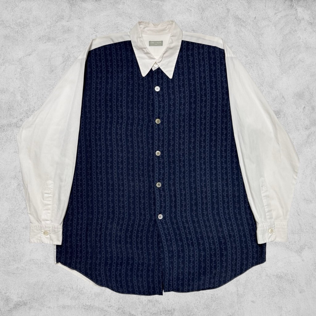 80's》コムデギャルソンオム レーヨン切替 でかボタンシャツ 白×紺