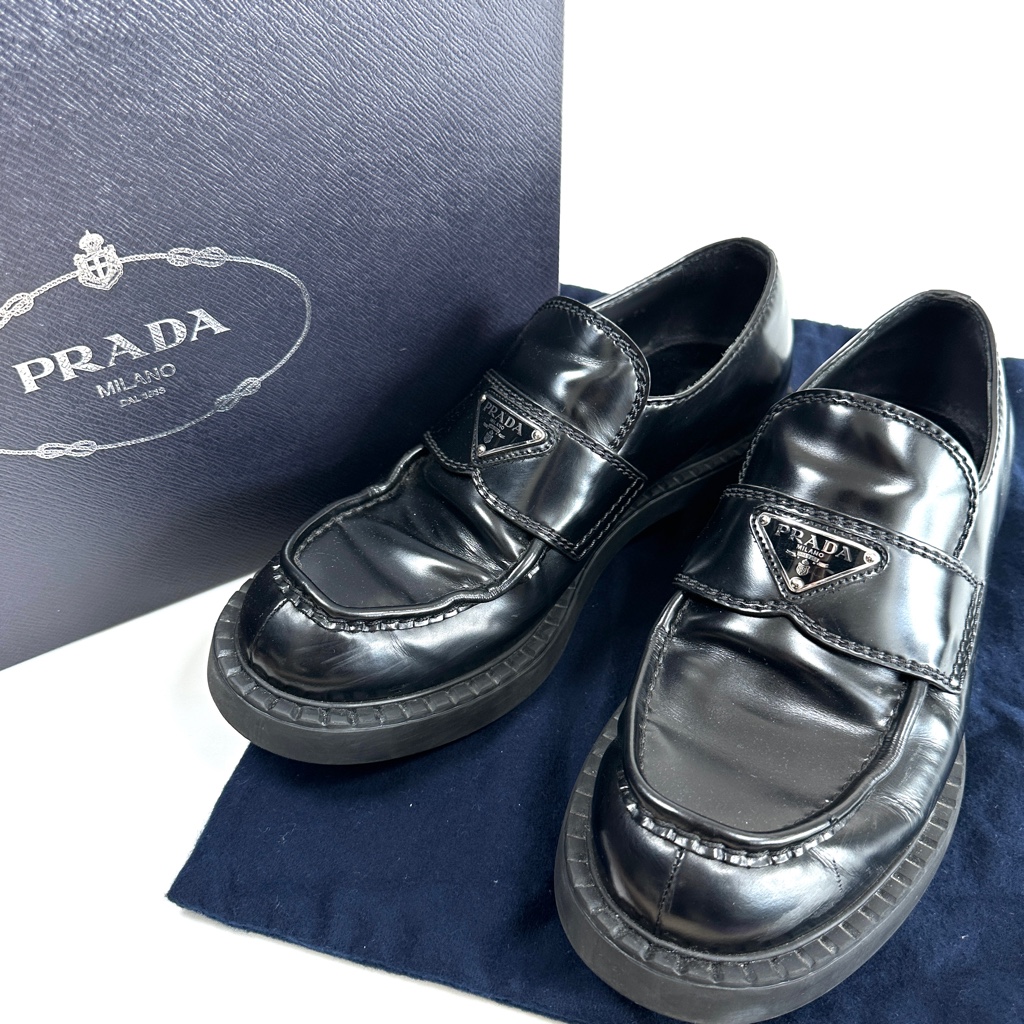 PRADA プラダトライアングルロゴ ローファー 7 1/2 チョコレート