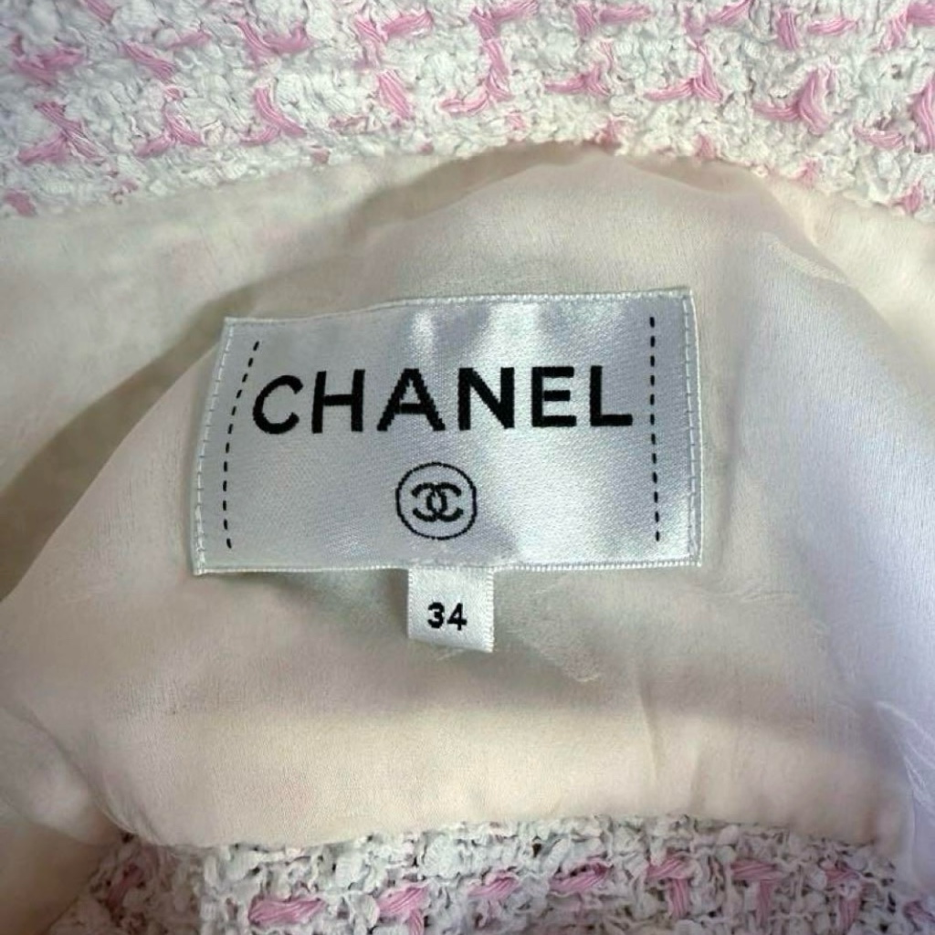 美品 18-19 CHANEL シャネル コットン ツイード ミニドレス ピンク 