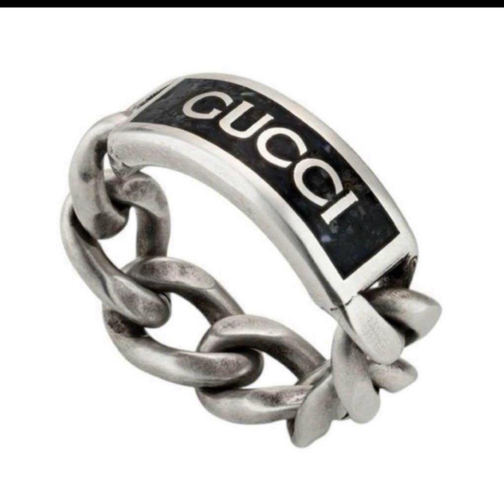 GUCCI グッチ 指輪エナメルロゴ ブラック　チェーン　シルバー　20号 GUCCI グッチ 指輪エナメルロゴ ブラック チェーン シルバー 20