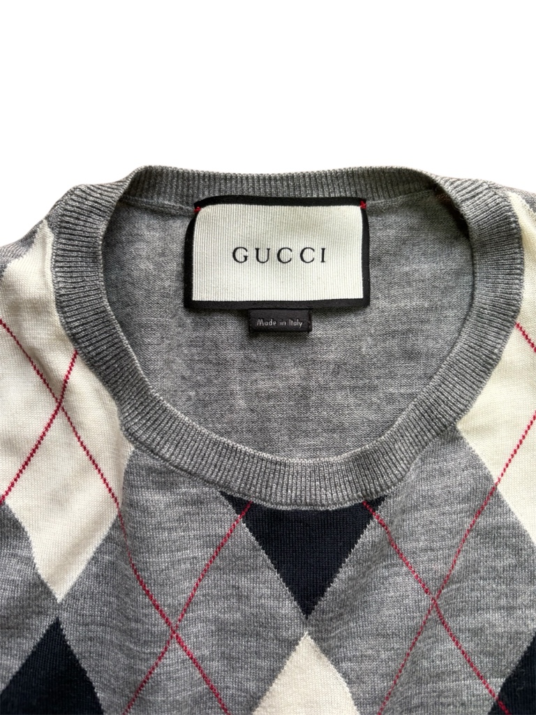 gucci アーガイル クルーネックニット セーター グレー イタリア製