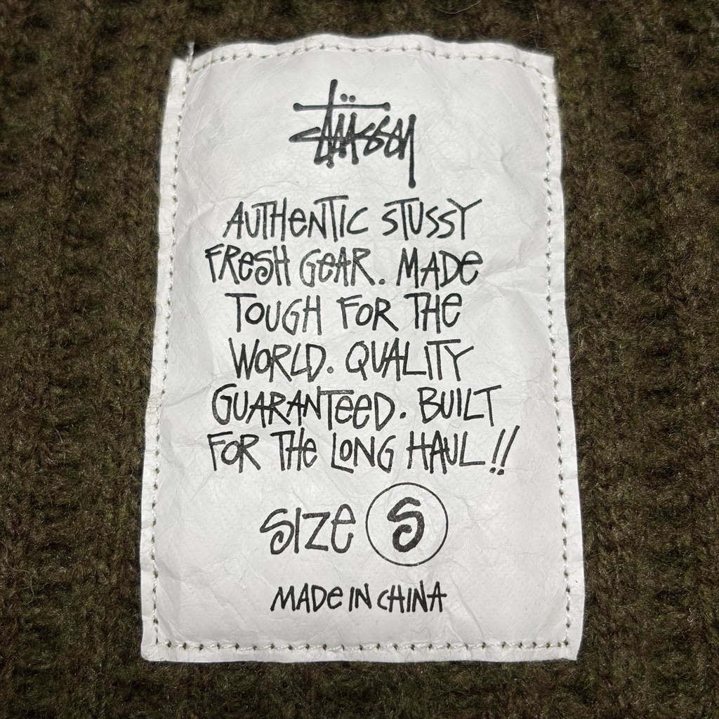 Stussy ラムウールフルジップセーター サイズS カーキ エルボーパッチ